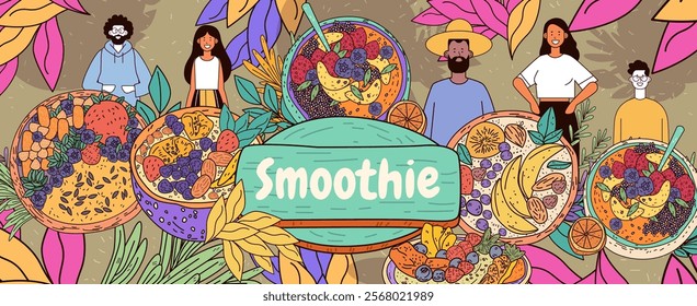 Smoothie bowls vibrant fruits diverse people colorful. Illustrated smoothie bowls with fruits and diverse characters surrounded by tropical leaves and patterns. Banner design