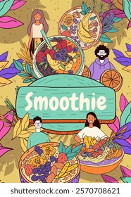 Smoothie bowls vibrant fruits people nature colorful background healthy lifestyle digital art