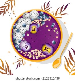 Smoothie breakfast bowl topped with blueberries, dragon fruit and granola with flowers. Top view isolated vector illustration.