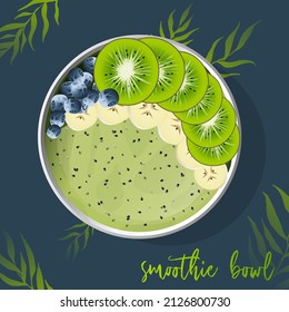 Smoothie breakfast bowl topped with kiwi, blueberries, banana, yogurt. Top view isolated vector illustration.