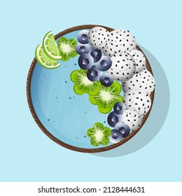 Smoothie breakfast bowl topped with kiwi, blueberries, pitahaya, yogurt. Top view isolated vector illustration.