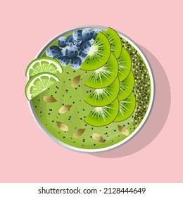 Smoothie breakfast bowl topped with kiwi, blueberries, lime, yogurt. Top view isolated vector illustration.
