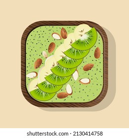 Smoothie breakfast bowl topped with kiwi, blueberries, almond, yogurt. Top view isolated vector illustration.