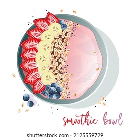 Smoothie breakfast bowl topped with strawberries, blueberries, banana, yogurt and granola. Top view isolated vector illustration.