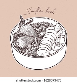 smoothie breakfast bowl, topped with strawberry, blueberry, kiwi, banana and glanola. hand draw sketch vector.