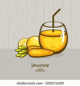 Smoothie with carrot and orange. Vector illustration. Fresh summer drink. Detox menu and raw food. Template for logo and menu design.