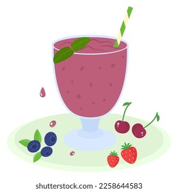 Smoothie with cherry, strawberry,  blueberry. Flat style. Vector illustration