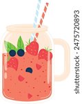 Smoothie clear mason jar, fresh fruits visible. Red blue straws, strawberry smoothie vector graphic. Healthy beverage, fruit chunks, leaves detail