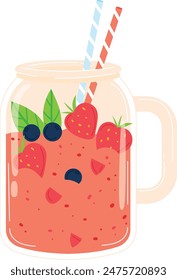 Smoothie clear mason jar, fresh fruits visible. Red blue straws, strawberry smoothie vector graphic. Healthy beverage, fruit chunks, leaves detail