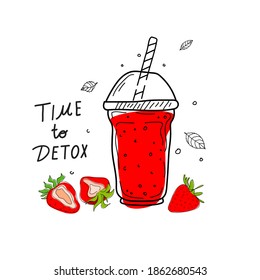 Smoothie cocktail for detox day poster in doodle style. Set of hand drawn ingredients for a cocktail or detox drink in a cup. Healthy food. Vector illustration Great for poster, banner.