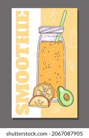 Diseño de tarjetas de cócteles suaves para desintoxicación y refresco de bebidas saludables, ilustración vectorial a mano. Pancarta de smoothie vegetariano saludable y bebidas de desintoxicación.