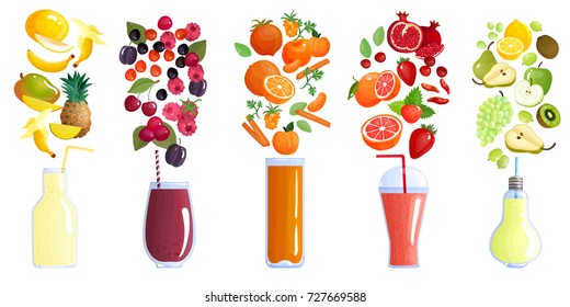 Smoothie colored isolated composition with five icon set and recipes of smoothie vector illustration