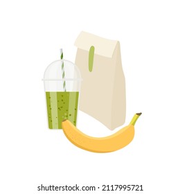 Smoothie cup, banana, paper bag with lunch. Plastic takeaway cup with green liquid. Healthy sneck. Fresh energetic drink. Take-away food. School Lunch Bag. Colored flat cartoon vector isolated