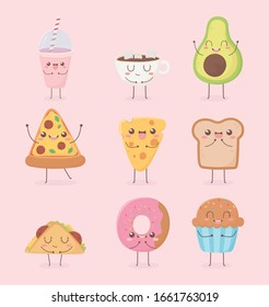 smoothie cup chocolate pizza cheese bread donut kawaii food cartoon character design vector illustration