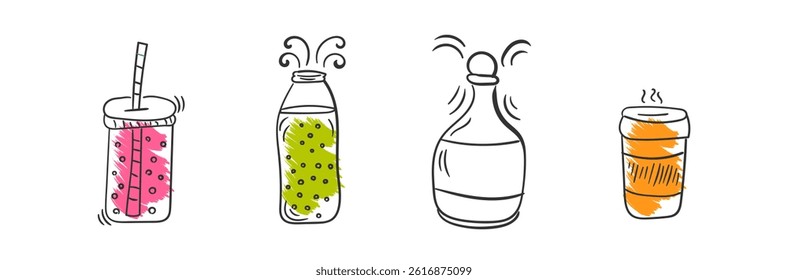 Smoothie in cup with straw sketch style vegan drink fresh fruit jar mint summer breakfast flat icon set healthy blended juice nutrition sweet antioxidant raw illustration bar


