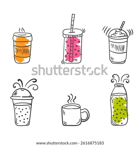 Smoothie in cup with straw sketch style vegan drink fresh fruit jar mint summer breakfast flat icon set healthy blended juice nutrition sweet antioxidant raw illustration bar

