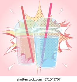 Smoothie design in pop art style comic style vector illustration. Glass of drink with tubule. Retro illustration of bubble tea or milkshake. Can be used for party invitations or menu. 