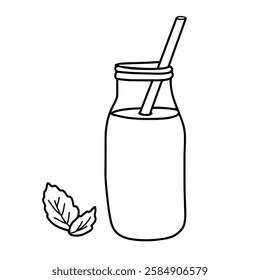 Smoothie or Detox Cocktail in the bottle with straw. Healthy Drink Vector illustration in Doodle style isolated on a background. Black and white outline drawing. Ideal for beverage branding