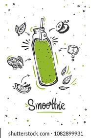 Smoothie or Detox cocktail day poster in doodle style. Set of hand drawn ingredients for smoothie or detox drink in the bottle.