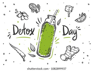 Smoothie or Detox cocktail day poster in doodle style. Set of hand drawn ingredients for smoothie or detox drink in the bottle.