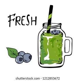 Smoothie or Detox cocktail day poster in doodle style. Green smoothie with blueberries.hand drawn ingredients for smoothie or detox drink in the bottle.vector illustration