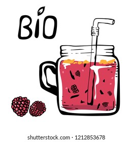 Smoothie or Detox cocktail day poster in doodle style. red smoothie with raspberries.hand drawn ingredients for smoothie or detox drink in the bottle.vector illustration. bio