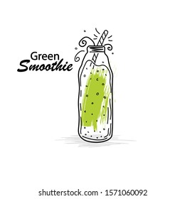 Smoothie or Detox cocktail day poster in doodle style. Set of hand drawn ingredients for smoothie or detox drink in the bottle. Healthly food. Vector illustration. Great for poster, banner, voucher. 