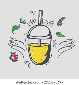 Smoothie or Detox cocktail day poster in doodle style. Set of hand drawn ingredients for smoothie or detox drink in the bottle.