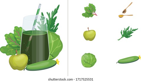 Smoothie detox cocktail. Green fruits and vegetables mix in glass jar. Detox cocktail for healthy dieting. 
