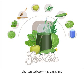 Smoothie detox cocktail. Green fruits and vegetables mix in glass jar. Detox cocktail for healthy dieting. 