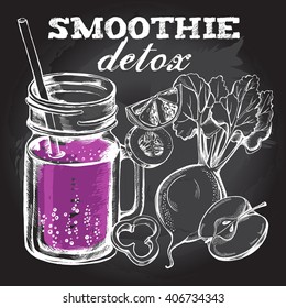 Smoothie detox in glass mason jar with straw and beets, half an apple, sliced peppers, cucumber, lemon. Hand-drawn vector illustration.