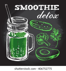 Smoothie detox in glass mason jar with straw and avocado, cucumber, broccoli, parsley. Hand-drawn vector illustration on the blackboard.
