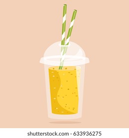 Smoothie with different flavours, take away. Healthy fresh juice fresh. Cartoon smoothie in a transparent plastic glass. Vector illustration