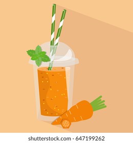 Smoothie with different flavours, take away. Healthy fresh juice fresh. Cartoon smoothie in a transparent plastic glass. Vector illustration