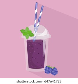 Smoothie with different flavours, take away. Healthy fresh juice fresh. Cartoon smoothie in a transparent plastic glass. Vector illustration