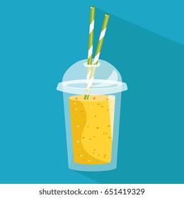 Smoothie with different flavours, take away. Healthy fresh juice fresh. Cartoon smoothie in a transparent plastic glass. Vector illustration