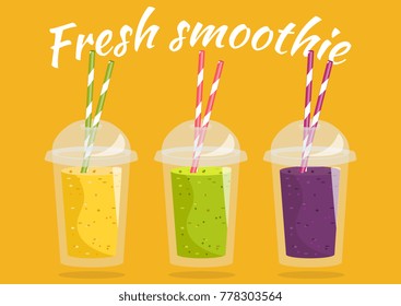 Smoothie with different flavours, take away. Healthy fresh juice fresh. Cartoon smoothie in a transparent plastic glass. Vector illustration