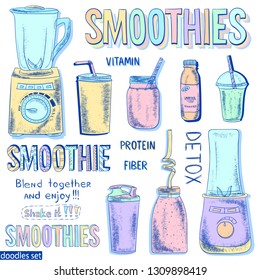 Smoothie doodles set. Healthy lifestyle. Organic. Glasses and mugs. Blender. Fruit juice. Acai bowl. Retro stickers. Vitamins and protein drink. Detox. Shake. Sketches collection.