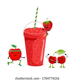 Smoothie drink. Fresh summer fruit juice. Red fruit smoothie. Cute cartoon fruits with mug. Drinking menu, healthy vegan lifestyle vector illustration