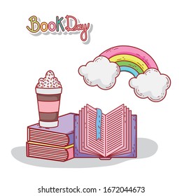 smoothie drink on books rainbow clouds fantasy vector illustration