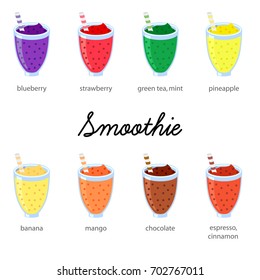 Smoothie flat icon set isolated blueberry strawberry green tea pineapple mango banana chocolate espresso flavors