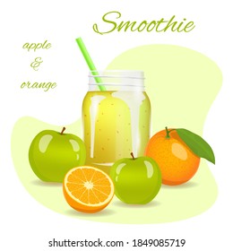 Smoothie flyer, apple and orange. Fresh fruits, healthy food, detox, vegan concept. Isolated vector illustration.