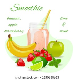 Smoothie Flyer, Banana, Apple, Strawberry, Lime And Mint. Fresh Fruits, Healthy Food, Detox, Vegan Concept. Isolated Vector Illustration.