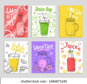 Smoothie flyers. Colorful detox juices, fresh fruit smoothies cards. Vegan lifestyle, sketch berry and banana. Vector drinks illustration