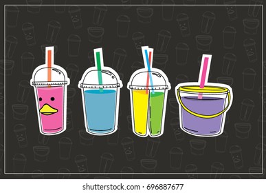 Smoothie fresh fruit in plastic cups with straws set. Vector illustration