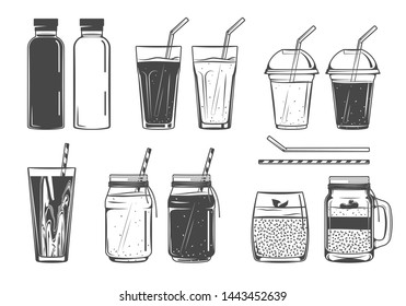 
Smoothie, fresh juice, chia pudding icons; vector set