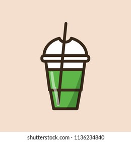 Smoothie or fresh juice in disposable plastic cup with cap and straw. Colorful isolated vector icon in flat style with outline for your project