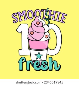 SMOOTHIE FRESH VARSITY TEXT, ILLUSTRATION OF A CREAM SMOOTHIE, SLOGAN PRINT VECTOR