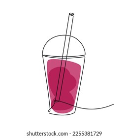 Smoothie, fruit and berries cocktail, milkshake vector. One line continuous drawing illustration. Hand drawn linear silhouette icon. Minimal design element for print, banner, card, poster, menu.