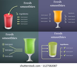 Smoothie fruit juice banner concept set. Realistic illustration of 4 smoothie fruit juice vector banner horizontal concepts for web